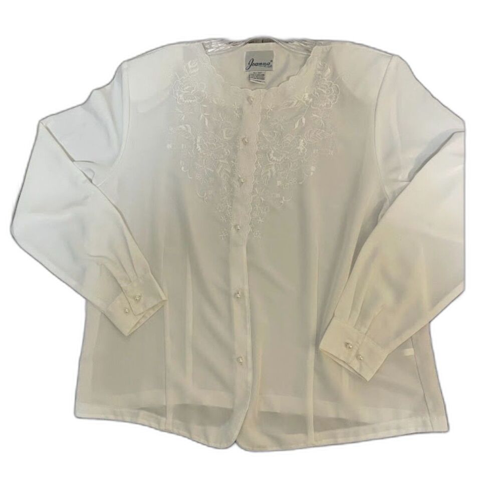 Vintage Joanna White Blouse L Embroidered Pearl Buttons Businesswear Corpcore